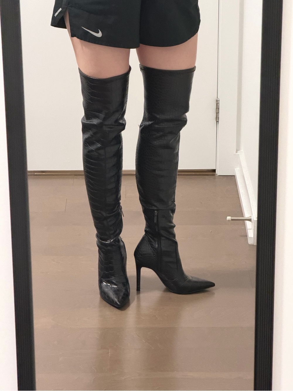 GUESS Black Croc-Embossed Over-the-Knee Stiletto Boots - Picture 3 of 7
